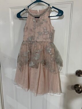 Bonnie Jean Blush Pink Sequin Peplum Dress with Jeweled Neckline
